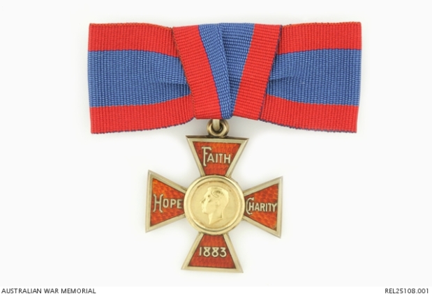 The Royal Red Cross 1st Class medal with Faith Hope Charity 1883 the words listed on the medal