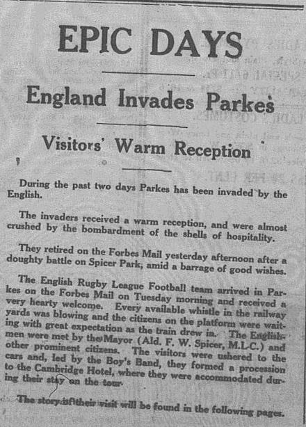 Parkes Hospitality laid on for English footballers Source: The Champion-Post Thursday, June 11 1936, Microfilm Collection, Parkes Shire Library