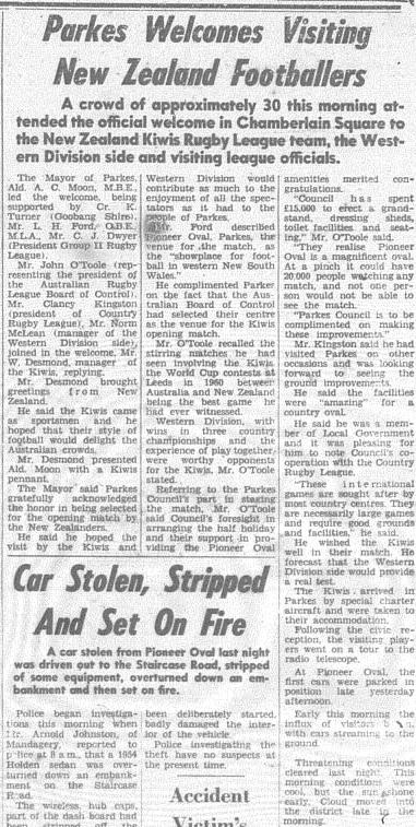Parkes hospitality on show. The report indicates that only top quality regional grounds were allowed to host international teams. Source: The Champion Post Wednesday May 22, 1963