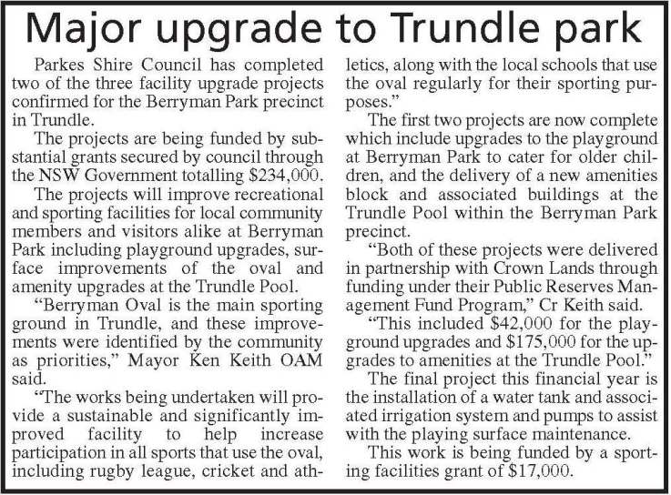 Parkes Shire Council is ensuring that Berryman Park receives the improvements required to continue to entice residents and visitors to enjoy Berryman Park. Source: Parkes Champion Post Friday, March 4, 2016 page 8