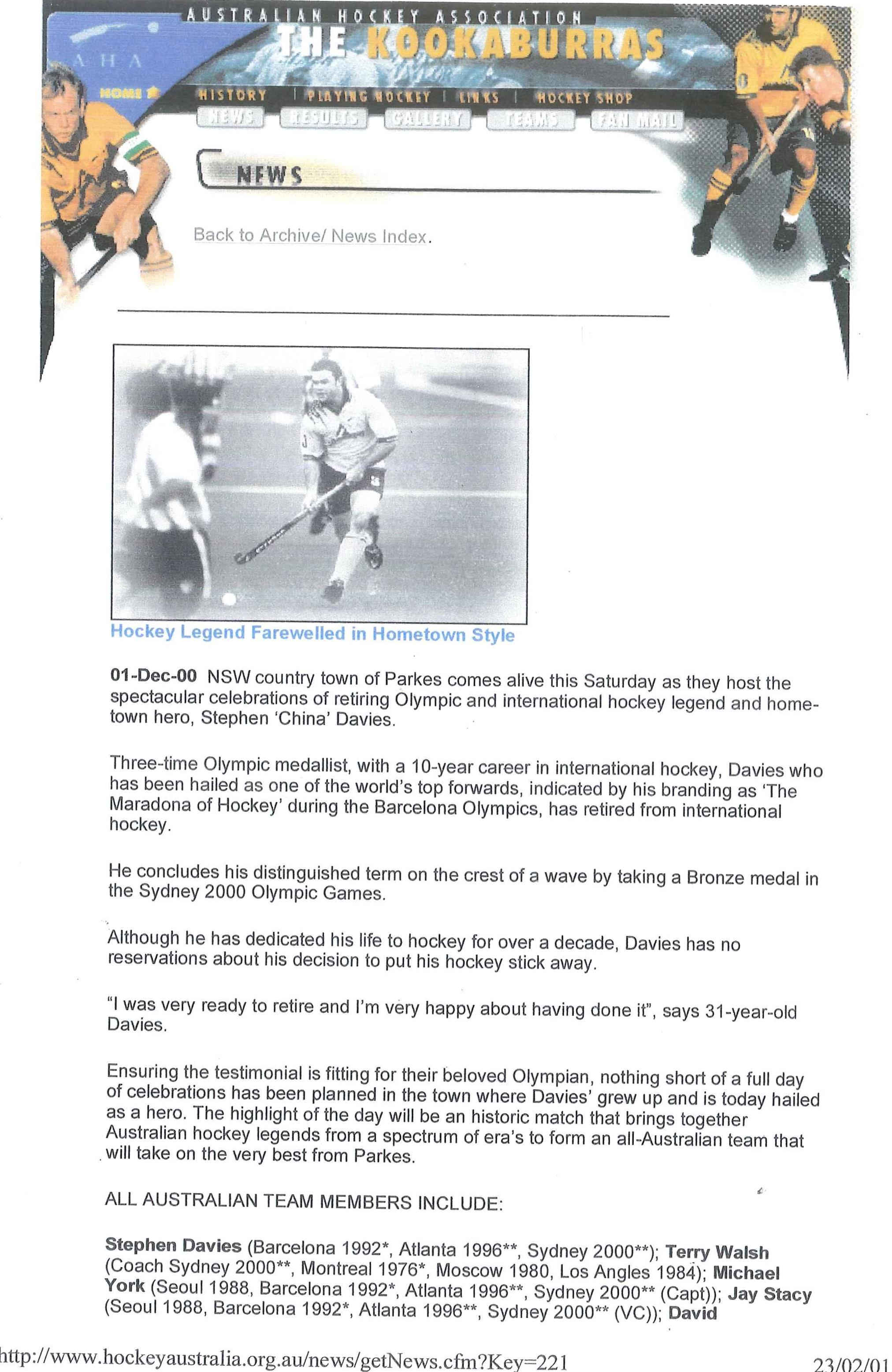 Another collection from Davies' scrapbook. This is a printout from a now defunct url on the Hockey Australia website. Photograph courtesy of John and Brenda Davies