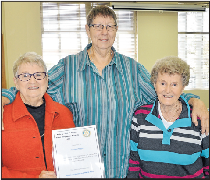 Marilyn Phipps (centre) was nominated by two neighbours Mavis Moon and Heather Sherriff. Source: Parkes Champion Post Tuesday June 21, 2016 page 28