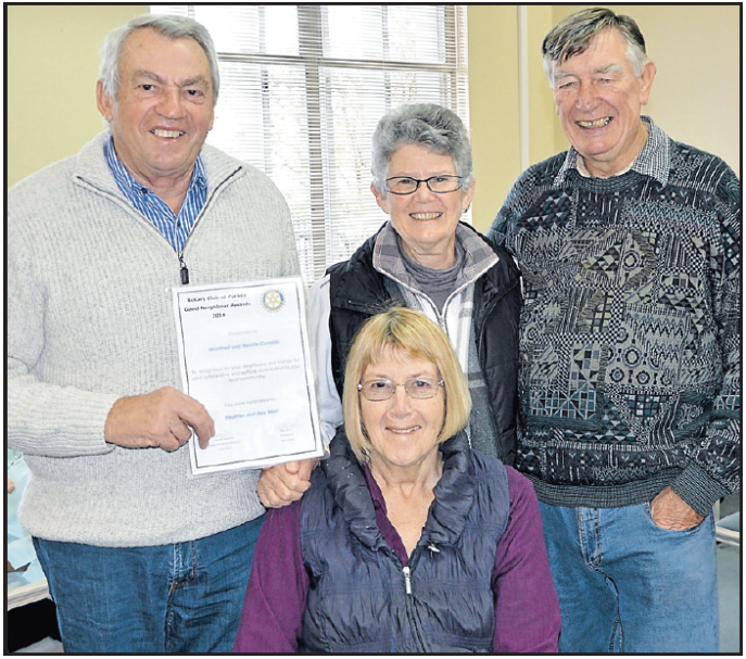 Neville and Winfred Campisi were Good Neighbours nominated by Rex (right) and Heather Veal (seated) Source: Parkes Champion Post Tuesday June 21, 2016 page 28