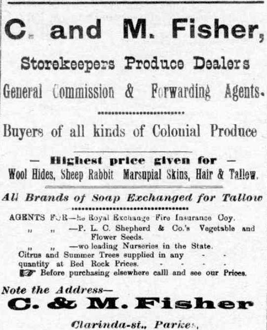 An advertisement for Constantine and Matthew Fisher's general store, located on Clarinda Street and Pholeros Lane. Con Fisher was Mayor of Parkes five years earlier. Source: The Western Champion Thursday 13 December 1917 page 2