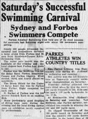 Looking to the future! This front page article highlights two future Parkes champions! The main article reports on Rex Aubrey's exploits while the smaller article confirms the talents of another future Olympian, Ted McGlynn. Source: Parkes Champion Post January 29. 1952 page 1