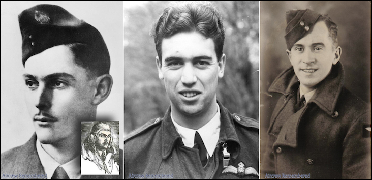 Three of the crew from Stirling BF372 OJ-H (left to right): Pilot, Flight Sergeant Middleton; Pilot 2, Flight Sergeant Hyder; and Wireless Operator Sergeant Mackie. Source: Aircrew Remembered website