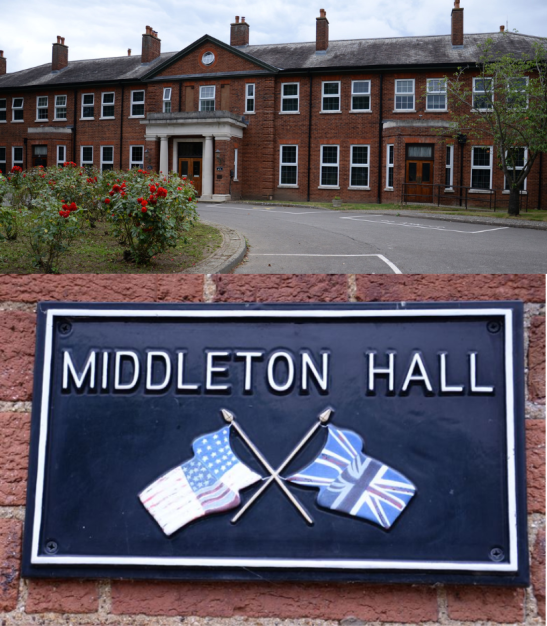 Photograph of Middleton Hall, the officers' mess hall at RAF Mildenhall and the sign at its entrance. Source: Royal Air Force Mildenhall website