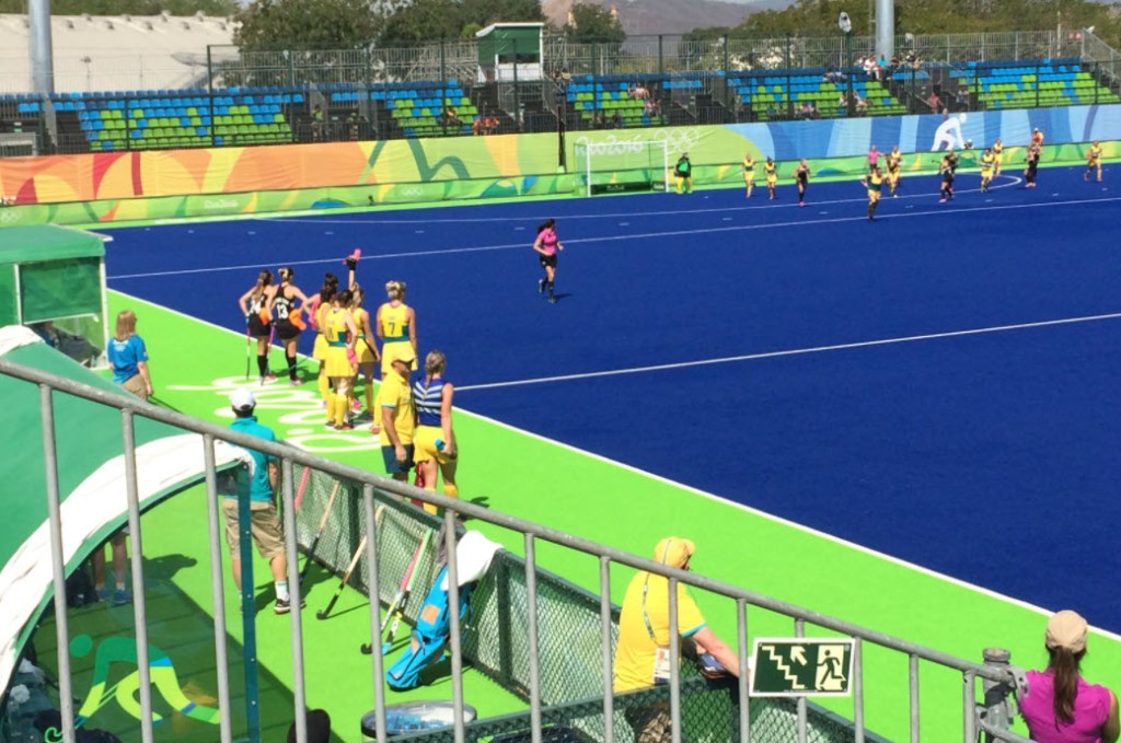 Dusty Powter captures a unique photograph for Parkes at the Rio Olympic Games. During the quarter-final match against New Zealand, Mariah Williams was on the sidelines chatting to Stephen Davies. Stephen Davies was the Hockeyroos' Team Manager. Source: Dusty Powter personal photograph